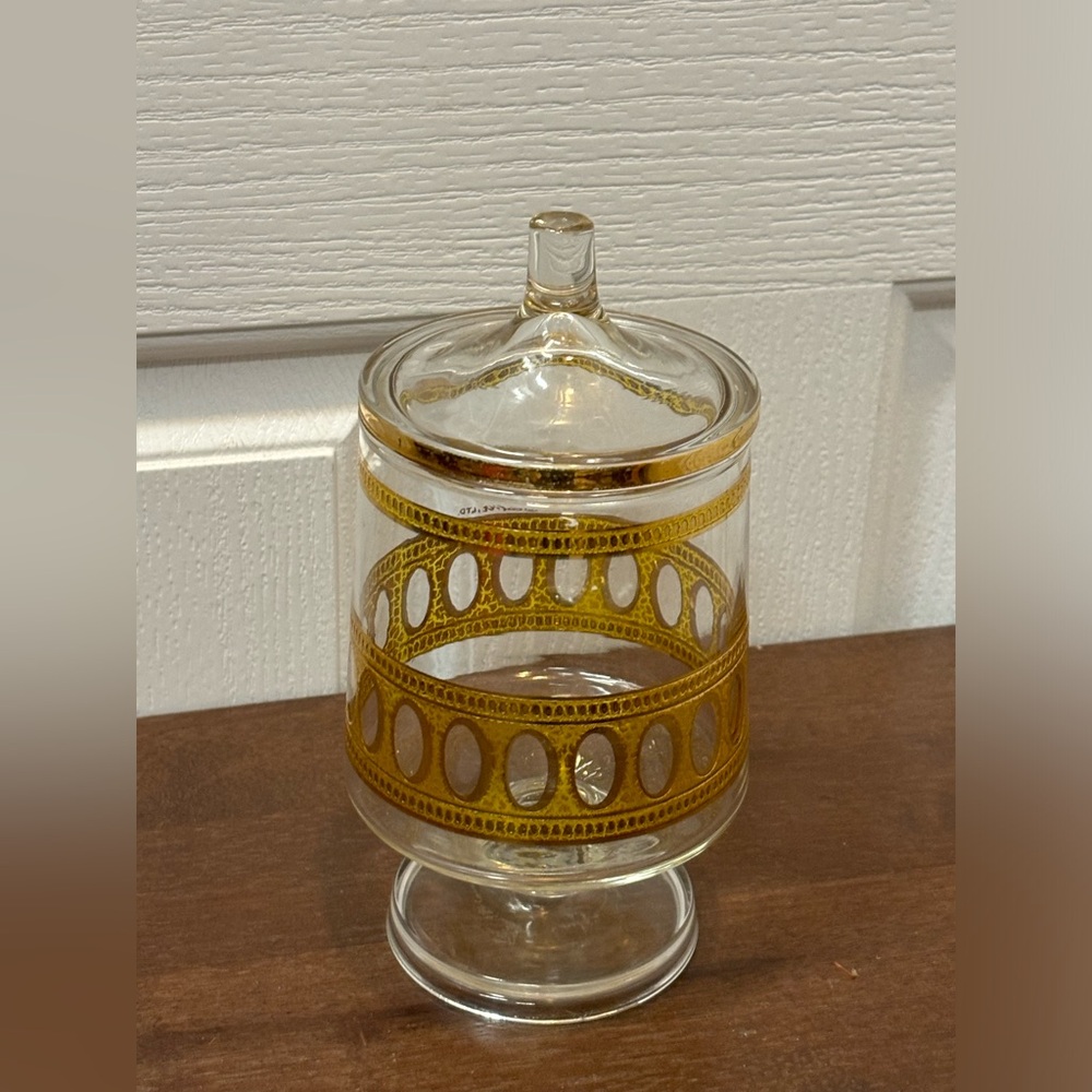 Mid Century Footed Antigua Pattern Candy Jar With. Lid